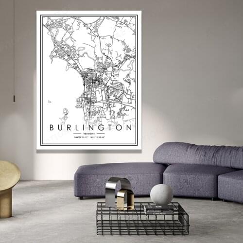 Black And White World City Map BURLINGTON Wall Art Canvas Poster Prints Nordic Style Paintings Picture For Living Room