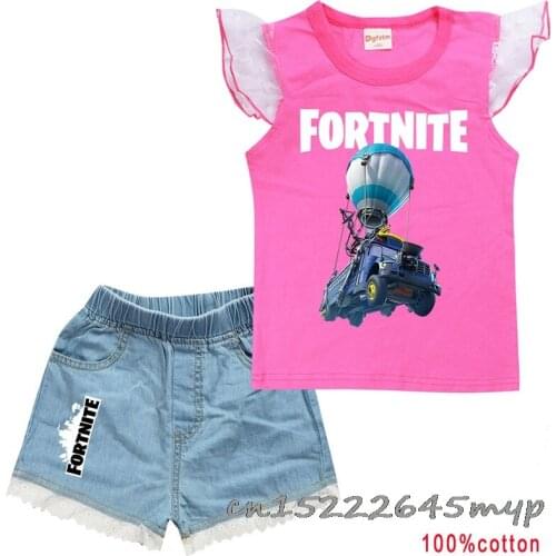 Game Fortnite Girls Clothes Sets Summer Cotton T-shirt + Denim Shorts 2pcs For Girls Teenage kids Childrens Clothes 2-16 Years