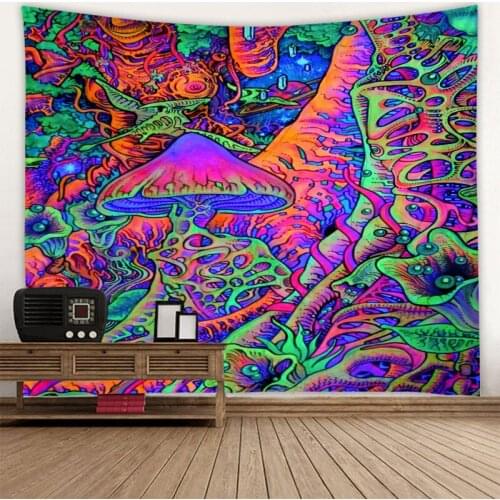 Colorful psychedelic mushroom tapestry geometric mushroom fantasy wall art black tapestry dormitory bedroom landscape decorative