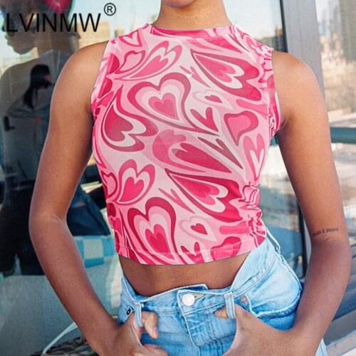 LVINMW O Neck Sleeveless Love Printed Slim See Through Tank Navel Casual Fashion Girls Tops Short Daily Summer Crop Top Women