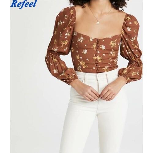 Chic Women Camis Center Buttons Ropa Mujer Vintage Floral Print Lantern Tank Top Fashion Brown Summer Tops