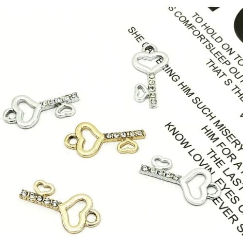 10 pcs Heart Key Metal Charms Earring Making Gold/Silver Rhinestone Love Lock Opener Pendant Necklace Jewelry Accessories YZ167