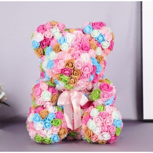 Mix Color Artificial Rose Flowers Teddy Bear Handmade Bear of Roses For Women Valentines Day Wedding Bithday Gift with Ribbon