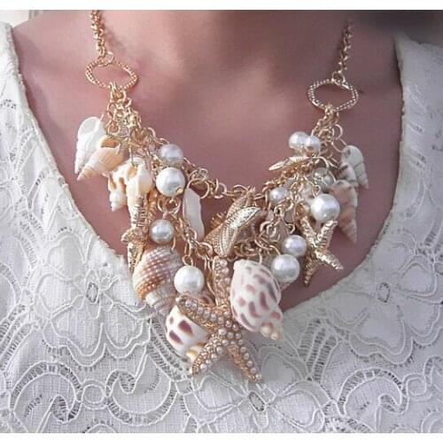 Fashion brands popular beach glittering starfish Fashion jewelry 2015 imitation pearl jewelry shell necklace jewelry wholesale