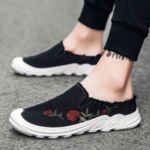 Men Canvas Shoes Comfortable Sneakers Flat Casual Embroidery Rose Black Breathable Walking Shoes High Quality Male Mesh Slippers