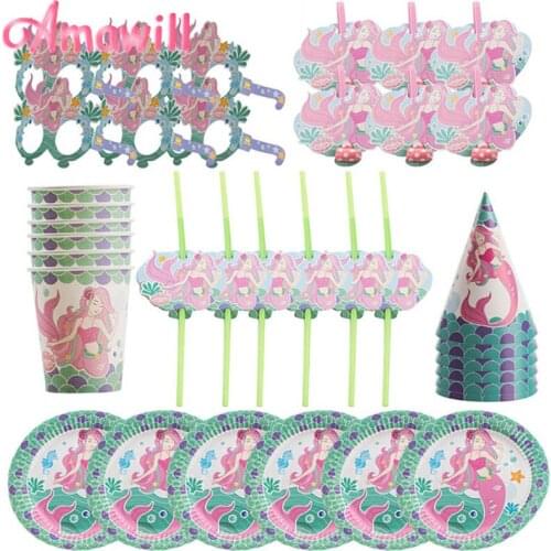 1Set Mermaid Theme Party Supplies Mermaid Disposable Tableware Set Valentines Day Summer Hawaiian Wedding Party Decorations 8D