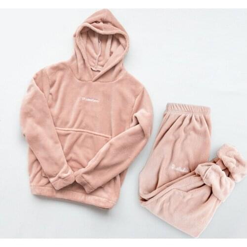 2020 New Women Cute Pajamas Sets Velvet 2 Pieces Sleepwear Suit Hoodies Sweatshirt Sweatpants Solid Nightwear Homewear Suit
