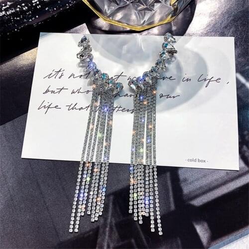 PNGJNG Fashion Long Tassel Full Rhinestone Drop Earrings for Women Bijoux Shiny Water Drop Crystal Dangle Earrings Jewelry Gifts