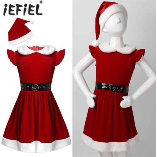 Baby Girls Christmas Cosplay Santa Claus Dresses Fly Sleeve High-Waist With Belt Hat Winter Party Dress Pageant Velvet Dress