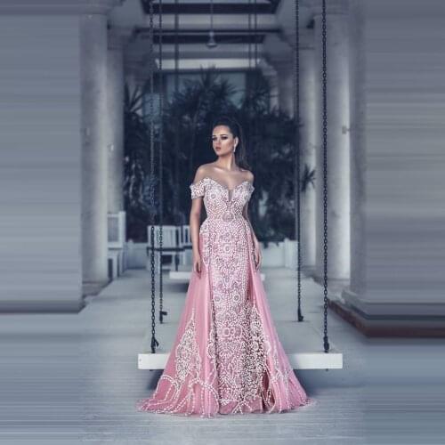 Custom Made Pink Prom Dresses Beadings Deep V-Neck Off The Shoulder A-line Formal Evening Party Long Gowns rochii elegante