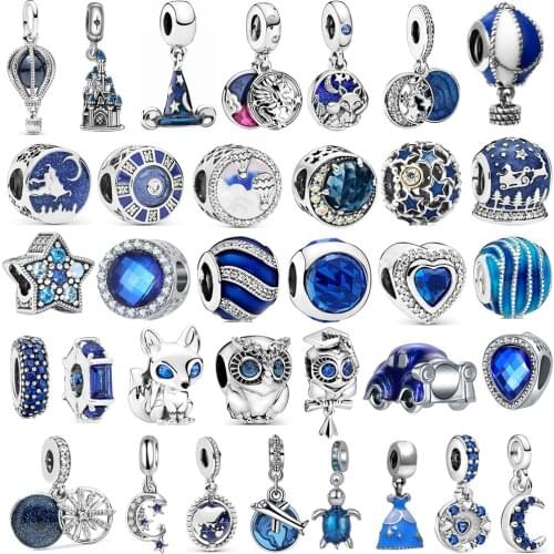 Blue Series Hot Air Balloon Airplane Stars Moon Beads Suitable for Original Pandora Charm Bracelet DIY Jewelry Gift
