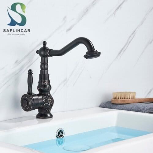 Black Bronze Kitchen Sink Faucet Classic Luxury Carved Bathroom Basin Faucet Single Handle Hot and Cold Faucet Mixer Taps