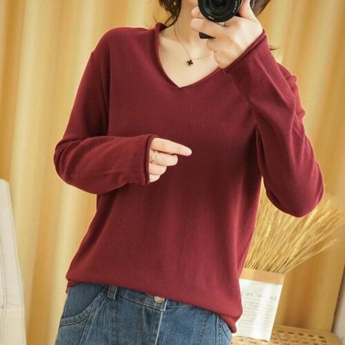 BARESKIY Womens Top Cotton Sweater V-neck Knit Long Sleeve Sweater Solid Slim Comfortable Stretch Sweater Black Gray