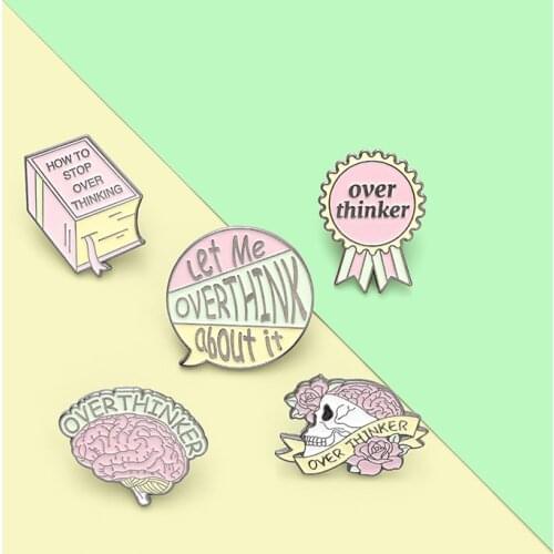 Overthinker Brooches for Women Fashion Brain Book Skull Enamel Pin Lapel Pin Pink Metal Badge Backpacks Jewelry Gift Wholesale