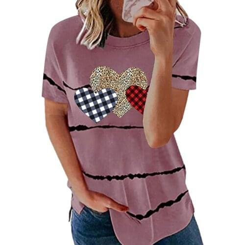 Womens Fashion Casual Striped Love Leopard Print Short Sleeve T-Shirt Top