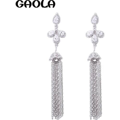 GAOLA Tassel Chain Flower Dangle Earrings White Gold-Color Shinning Clear Cubic Zirconia Women Long Earrings GLE6262