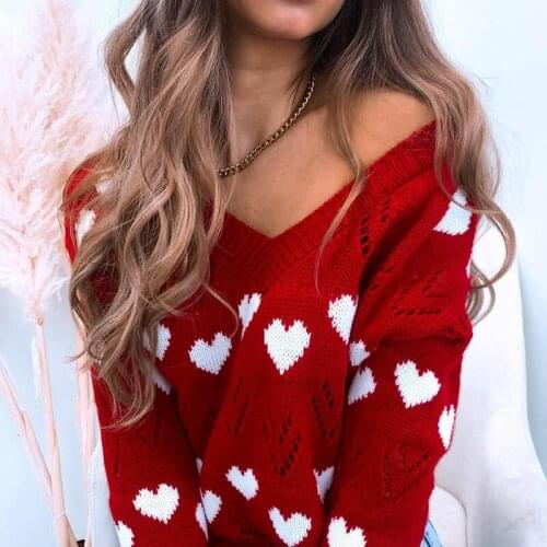 Women Cute Heart Pattern Knitted Sweaters Long Sleeve V-neck Hollow Out Knit Pullovers Spring Autumn Female Kawaii Clothes