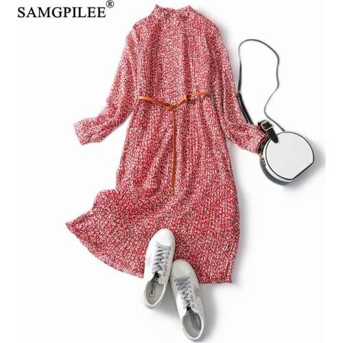 Women Autumn Clothes Dresses 2020 Office Lady A-line Print Full Sleeve Sashes Mid-calf Empire Turn-down Collar Dresses For Women