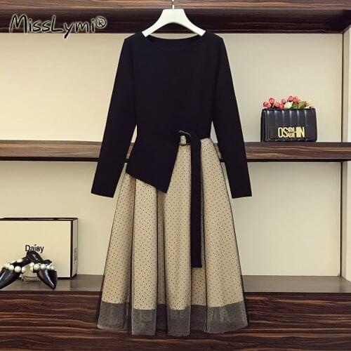 L-4XL Plus Size Women Elegant A-Line Dress Spring 2021 Fashion Black Long Sleeve Cotton Patchwork Polka Dot Mesh Long Dresses