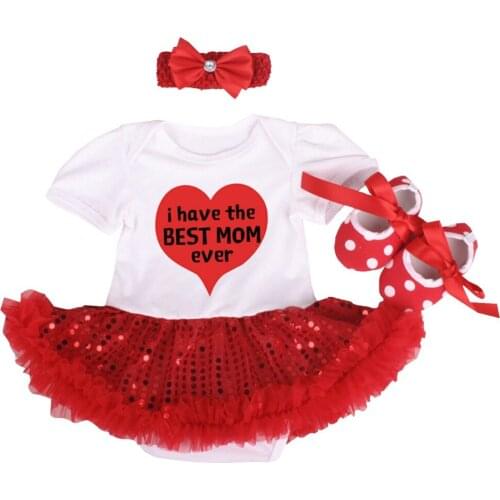 4pcs Set Baby Girl Clothe I have the BEST MOM Baby Outfits Romper Tutu Sequins Skirt Baby Shoes Mothers Day Clothes for Baby