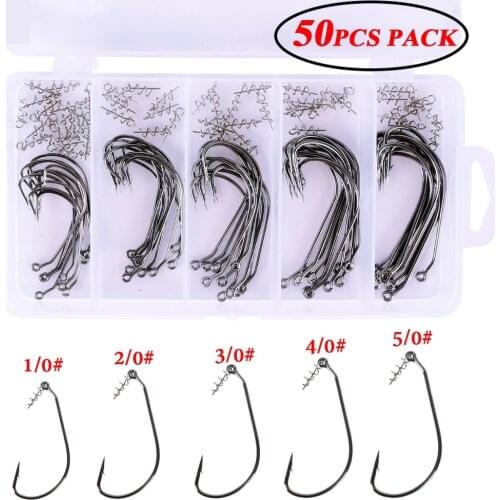 50pcs Fishing Crank Hook With Spring Lock Pin High Carbon Steel Barbed Jigging Crank Hook For Fishing Soft Lure