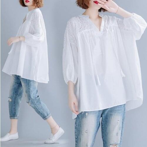Cotton Blouse Women White Female Tops Shirt Summer 2021 Short Sleeve Blusa Feminina Hollow Ladies Tops Blouses Plus Size Y980