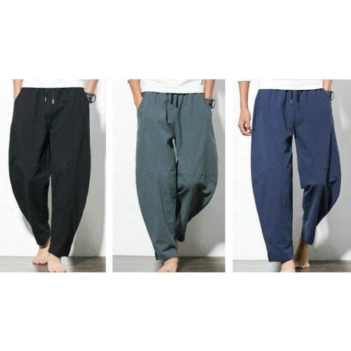 Men cotton&linen loose wide haroun trousers fat martial arts pants lay tai chi kung fu wushu bloomers gray/blue/black