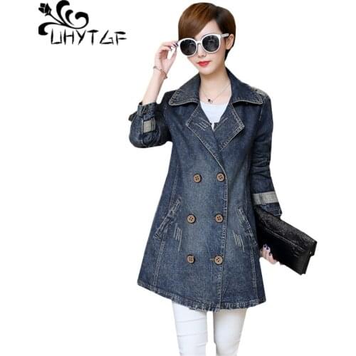 UHYTGF 5XL Plus Size Denim Jacket Women Clothing Mid-Length Double-Breasted Loose Jeans Coat Fashion Female Autumn Outerwear 137