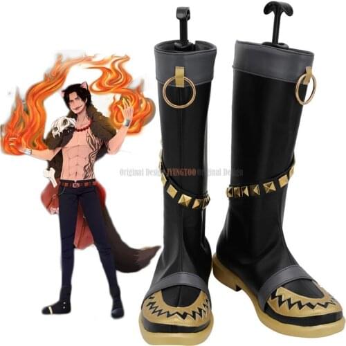 Halloween Ace Shoes Cosplay Anime One Piece Portgas D. Ace Cosplay Boots Black Shoes Custom Made Any Size for Unisex