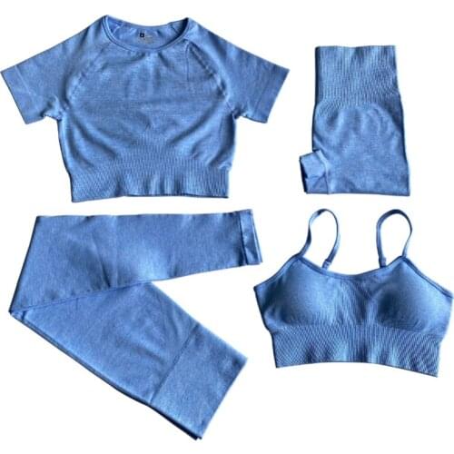 Women Seamless Leggings+Short Sleeve Crop Top+Sports Bra+Sport Shorts 4 Pieces Yoga Set Sports Wear For Gym Clothing Sports Suit