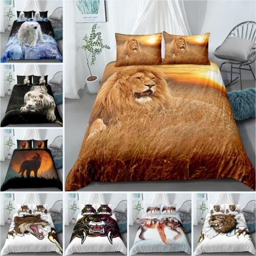 3D Prairie Carnivore Quilt Cover Beast Painting Lion Tiger Black Bear Polar Bear Cheetah Pattern Comfortable Soft Bedding Set
