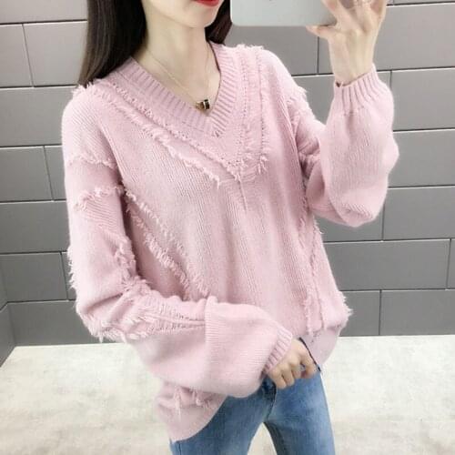 Korean Women Loose V-neck Lantern Sleeve Knit Pullover Jumper New 2021 Spring Autumn Pull Femme Casual Frayed Burr Base Knitwear