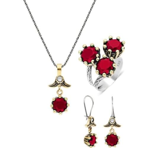Red Ruby Cubic Zirconia Authentic Silver Triple Set Jewelry