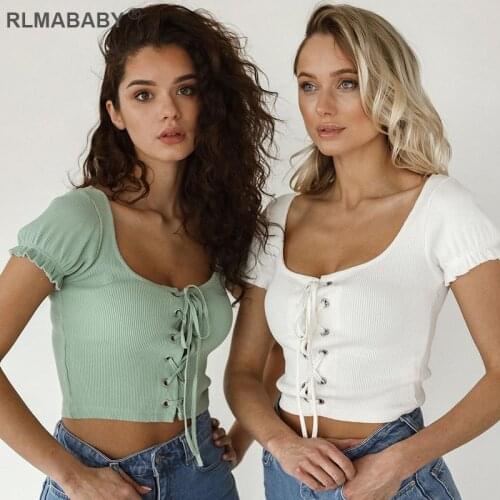 RLMABABY Summer Casual Women Square Collar Short Falre Sleeve Cropped Tshirts Slim Bandage Bow Sexy Streetwear Short Crop Tops
