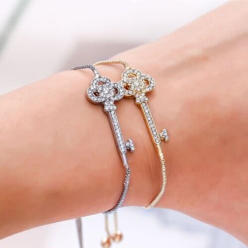 Fashion trendy simple wild bracelet alloy key rhinestone self-adjusting womens bracelet party Valentines Day gift