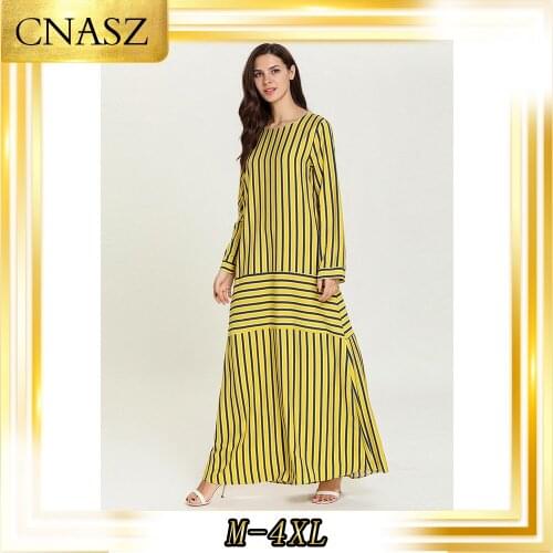 Muslim Dress Large Size Female Autumn Fashion Striped Stitching Pocket Caftan Marocain Abaya Musulmane Femme Long Skirt