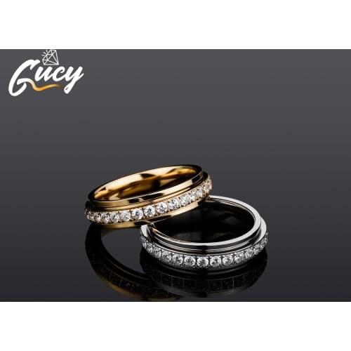 GUCY Round Cut Wedding Rings For Men Women Band Ring Fashion Bling Bling CZ Paved Hip Hop Stainless Steel Jewelry