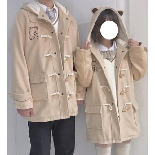 Japanese college style sweet lolita coat bear embroidery horn button plus velvet victorian overcoat kawaii girl lovers coat cos