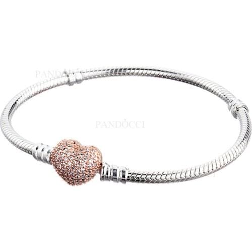 Fits European Fashion Original Style Jewelry Rose Heart Clasp Bracelets Cubic Zirconia 925 Sterling Silver DIY Making Jewelry