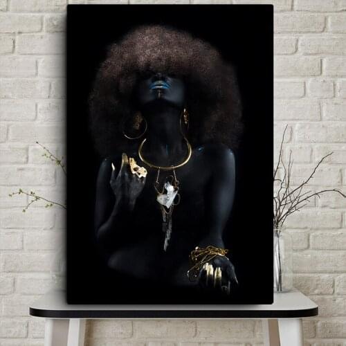 Fluffy Hair African Black Women Golden Finger Canvas Painting Posters and Prints Wall Picture for Living Room