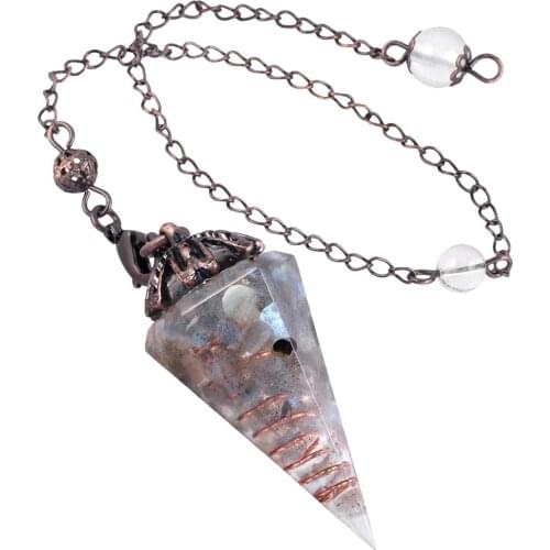 SUNYIK Natural Chips Stone Hexagonal Point Pendulum Antique Color Chain Chakra Reiki Cone Pendule for Dowsing Wicca Divination
