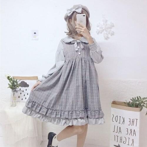 Lolita Dress Sweet Cute Japanese Kawaii Girls Princess Maid Vintage Gothic Printed cute bow doll collar stitching plaid dress