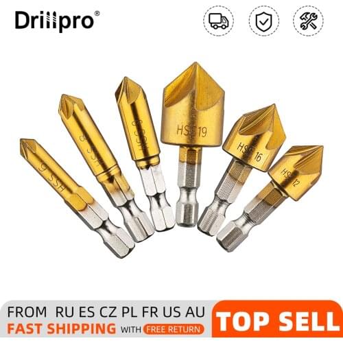 6 Pcs/lot 6mm-19mm 5 Flute HSS Countersink Chamfer Drill Bit 1/4" Shank Titanium Coated Woodworking Core Power Tool Accessories
