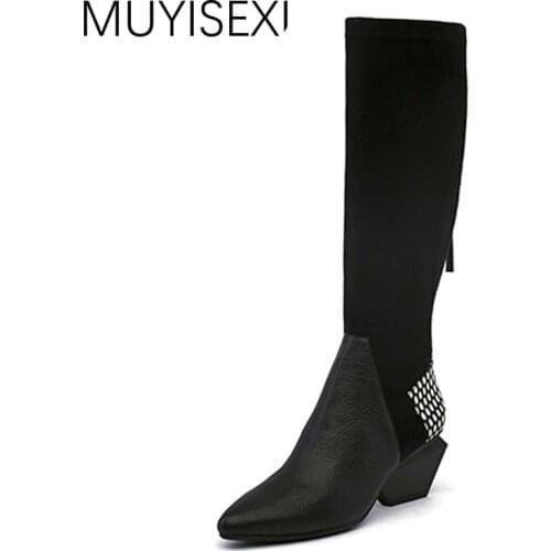 Knee High Boots Women Autumn Boots Zipper Genuine Leather + Elastic Flock 6 cm Strange High Heel Shoes Woman HL43 MUYISEXI