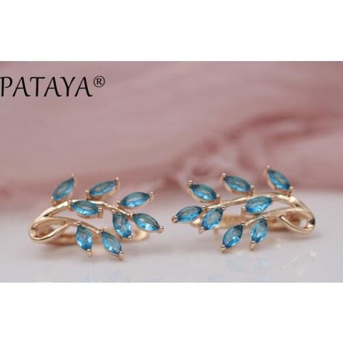 PATAYA New Arrivals Blue Horse Eye Leaves Natural Zircon Earrings 585 Rose Gold Dangle Earrings Women Fashion Wedding Jewelry