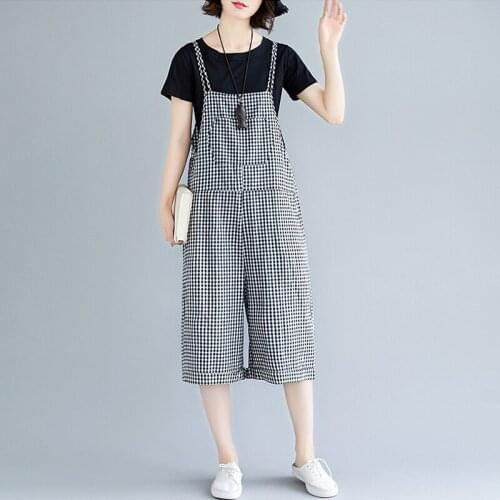 #4001 Womens Black White Plaid Off Shouder Jumpsuits Spring Summer Overalls For Women Casual Loose Big Size Jumpsuit women 3XL