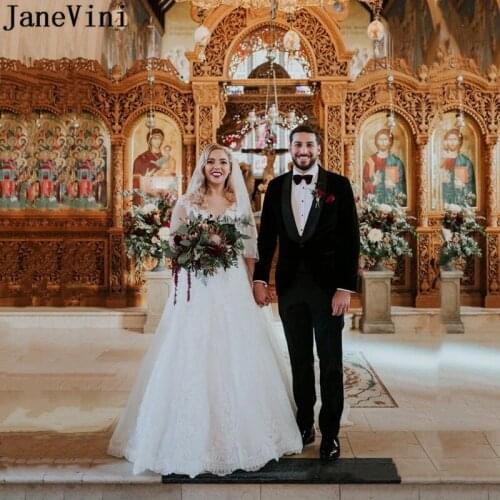 JaneVini V-neck Sleeveless A Line Lace Wedding Dresses Plus Size Button Back Arabic jurkjes Tulle Bride Gown Bridal Dress 2020