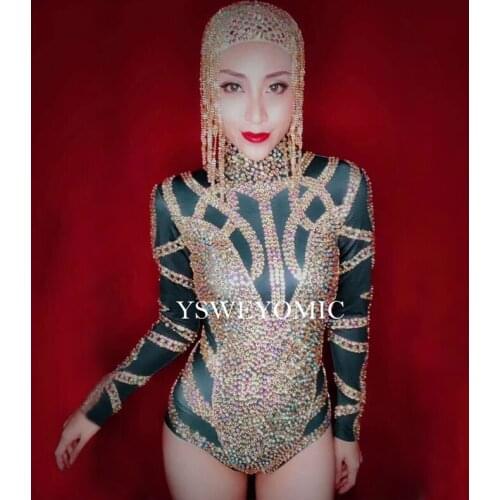 2019 Multicolor Gold Bright Stones Outfit Nightclub Dance Wear Party Bodysuit Performance Dance Club Bodysuit Costume Y608