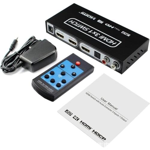 3x1 HDMI Switch Audio Extractor Optical Output 4K 3D 1080P SPDIF Stereo Audio RCA 3 In 1 Out Converter for PS4 DVD PC To HD TV