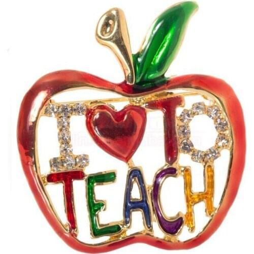 50pcs/lot Cute Rhinestone Letter I LOVE TO TEACH Brooch Crystal Apple Shape Broach Pin
